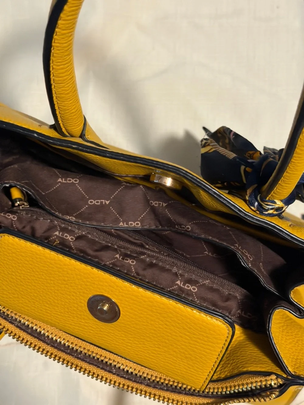 Aldo Yellow Pebbled Leather Top-Handle Satchel with Navy Scarf